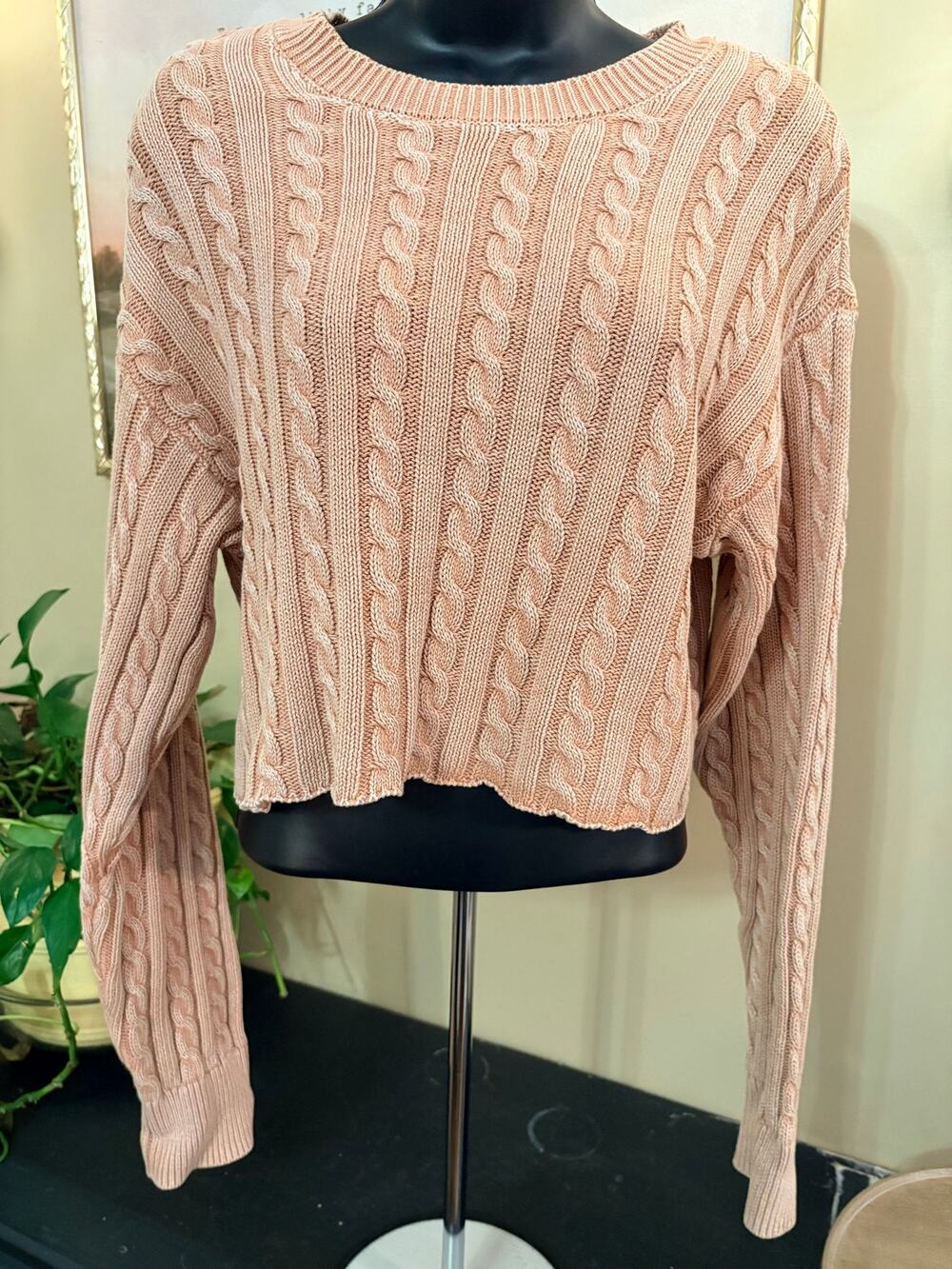 Aerie Cable Knit Cropped Sweater Women's Small Petite Blush Pink Crewneck